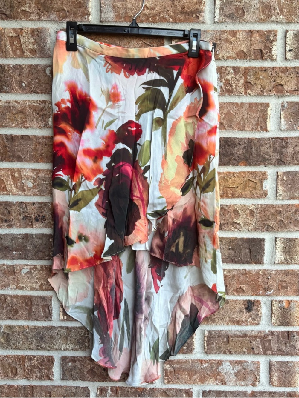 Haute Hippie Floral High-Low Silk Skirt in Red, Pink, Green, Cream, Brown